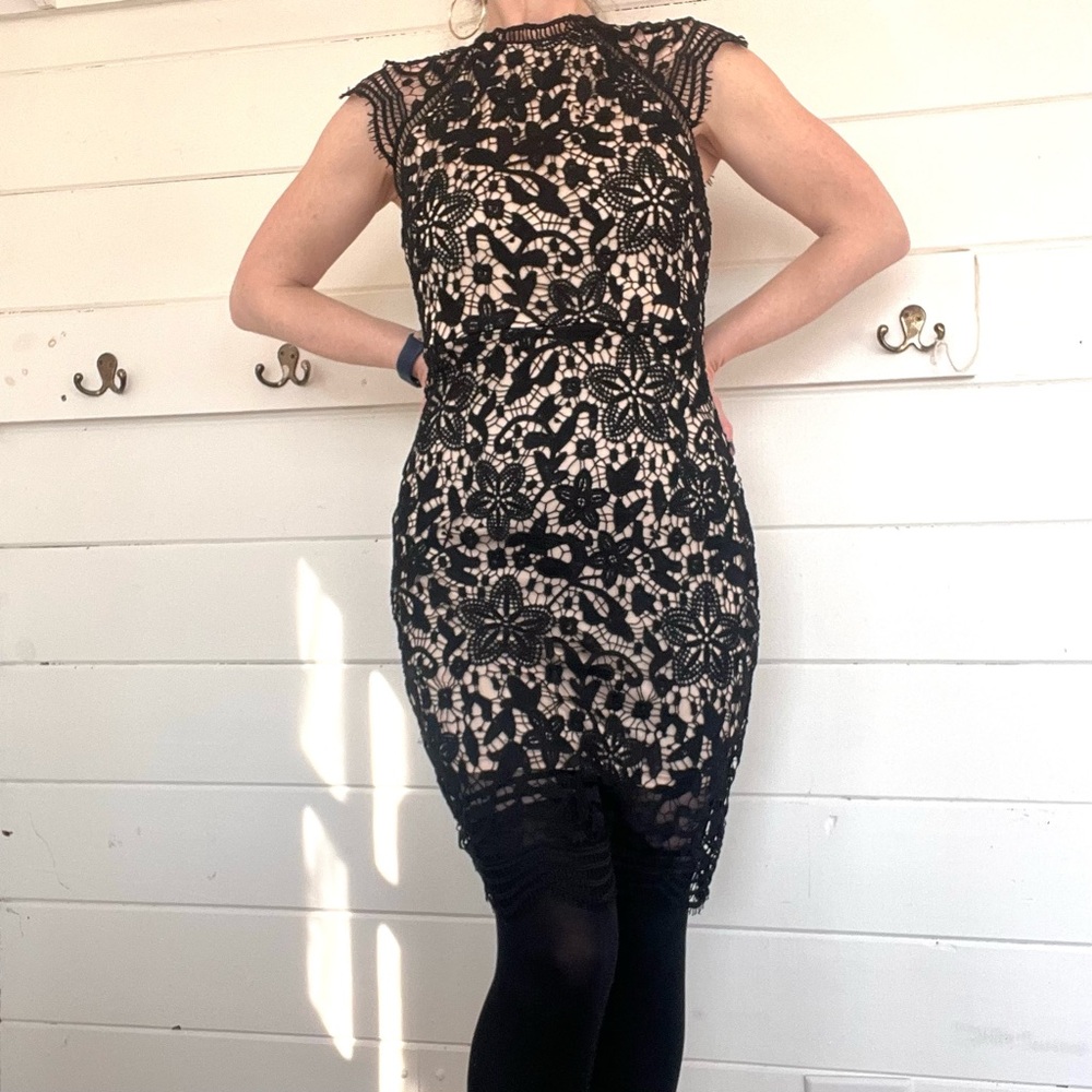 Main Strip Black Lace Mini Dress with Nude Lining. Size Small.